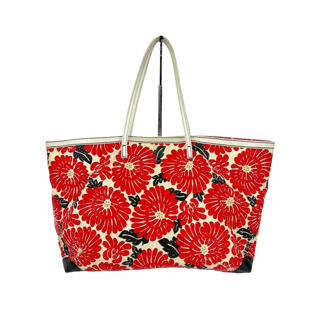 Fendi Lotus Flower Floral Tote Bag Rhinestone Canvas Leather Red Black